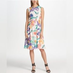 DKNY Womens White Floral Sleeveless Jewel Neck A Line Dress 16
